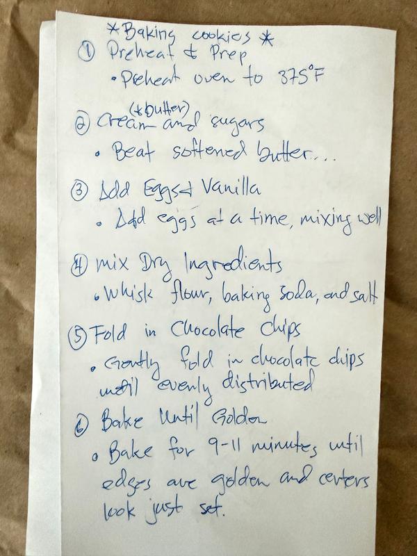 Hand-written cookie recipe on paper